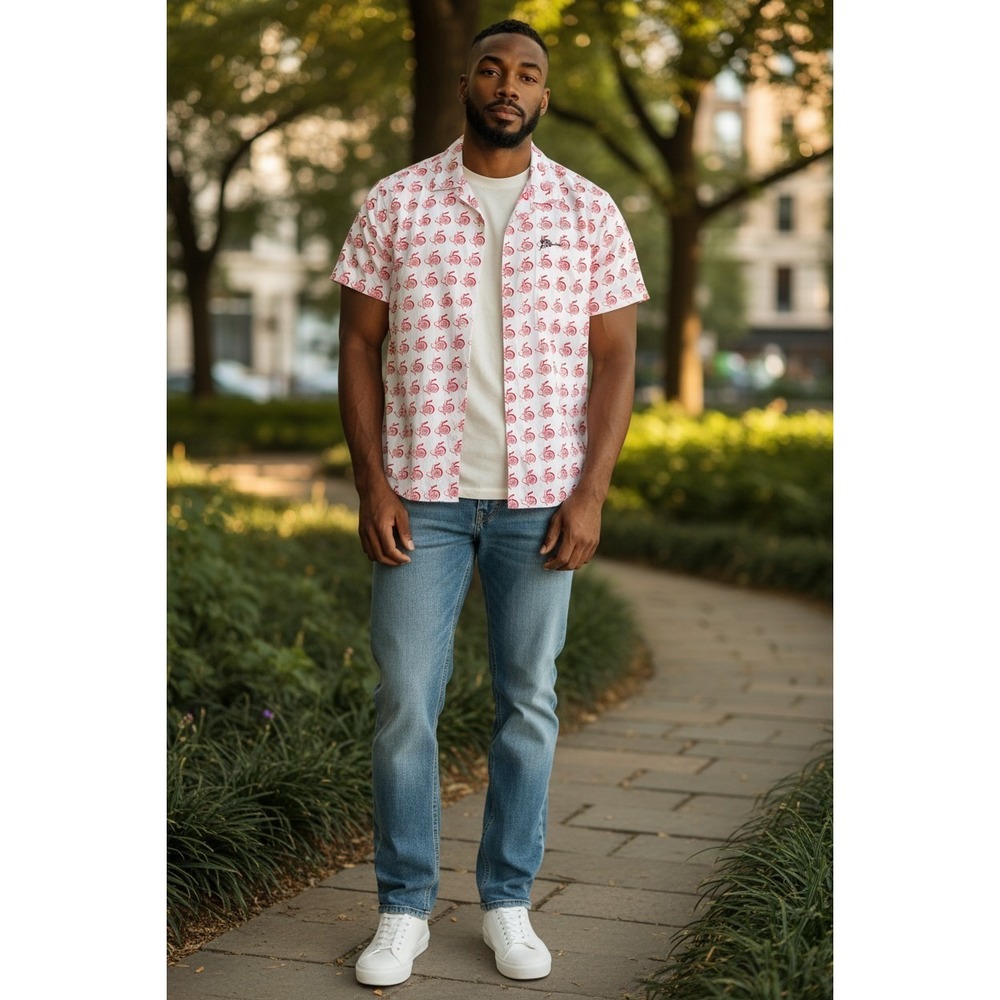 FUBU Men's Button Up Shirt Large White Red Graphic Print Short Sleeve Streetwear